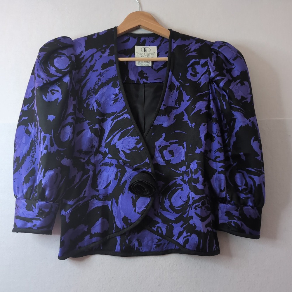 Flora Kung Vintage 100% Silk Jacket Purple Black Floral Puff Sleeve Rosette Sz 8